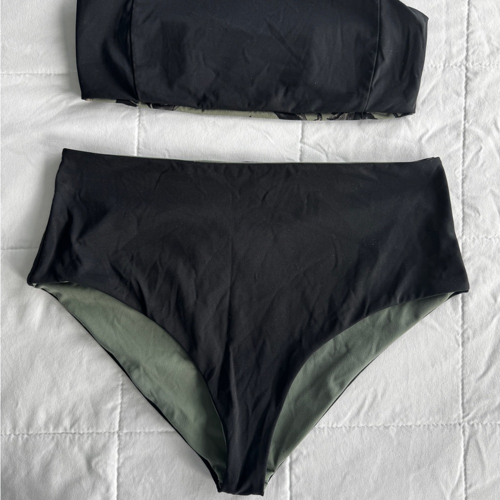 Black/Green High-Waisted Reversible Bikini Set
